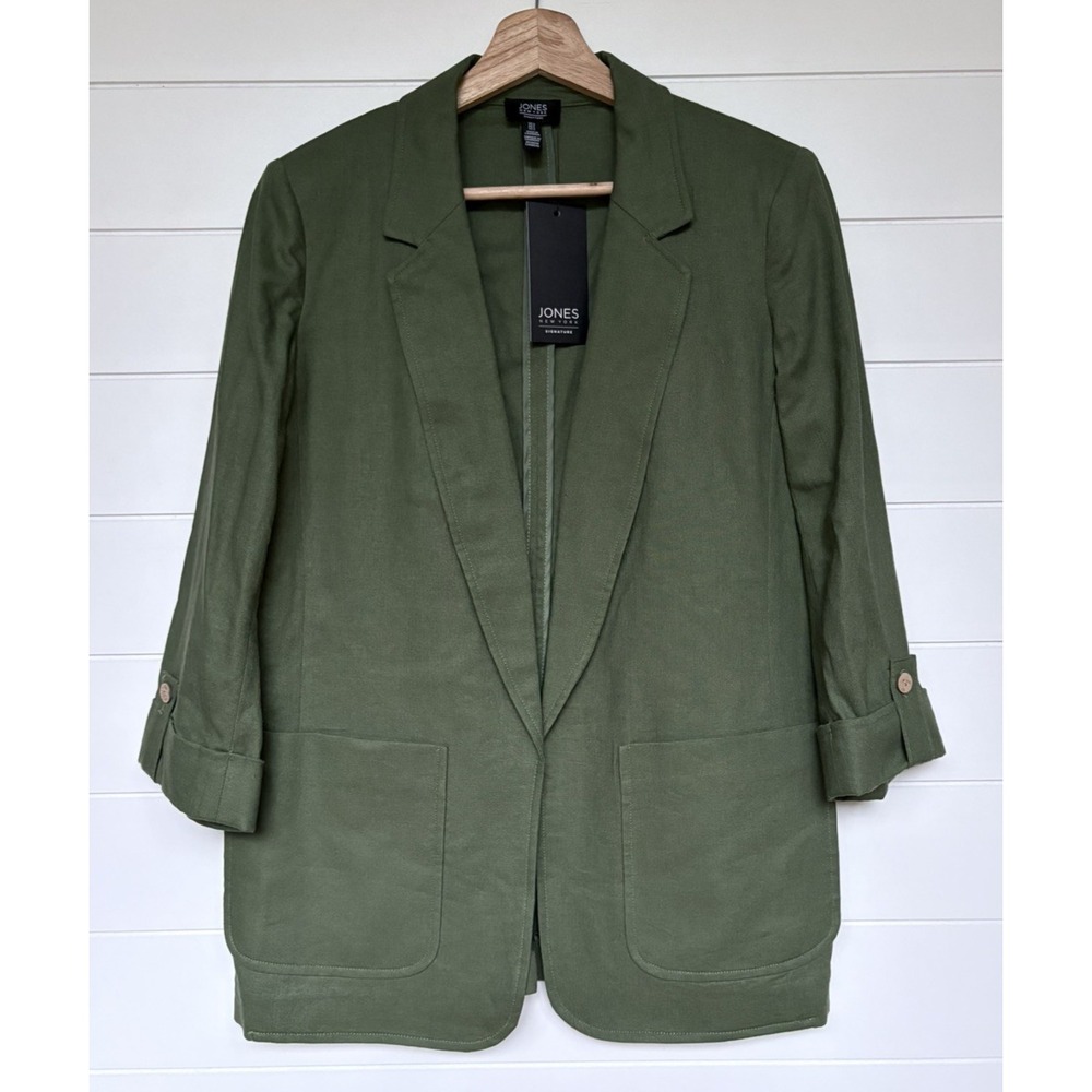 Jones New York Signature Linen Blend Blazer Open Front Green Size S Career NWT